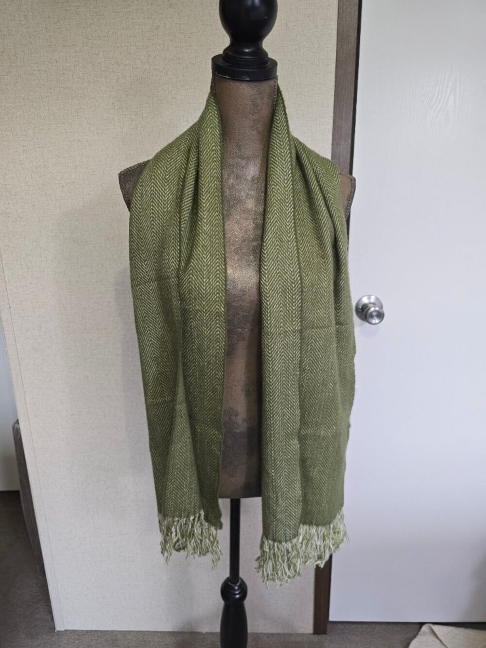 Green Herringbone Scarf With Fringe Trim Unisex Soft Lightweight
